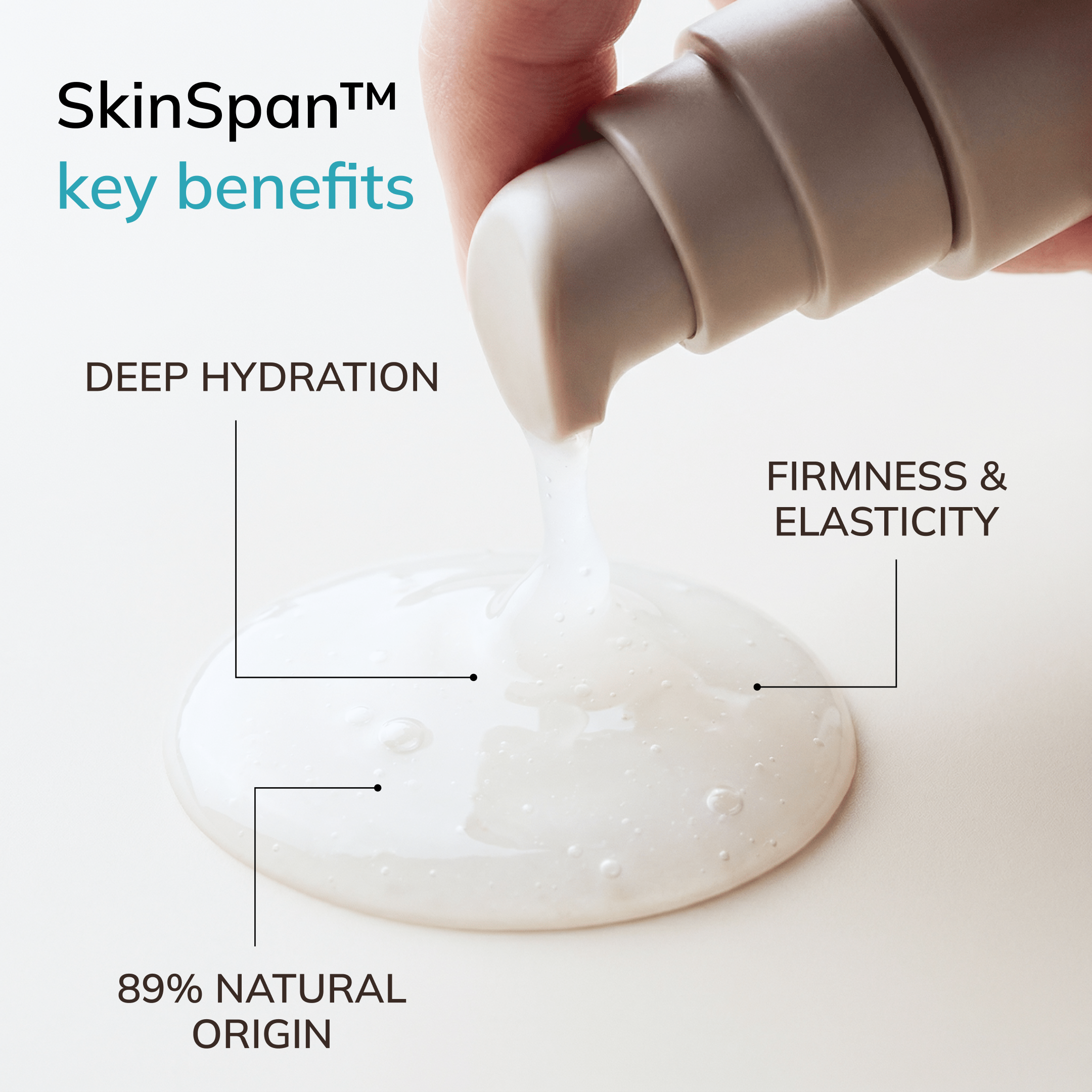 Skinspan key benefits: Deep Hydration, firmness & elasticity and 89% natural origin.